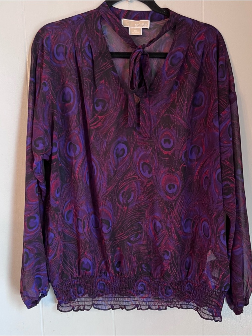 Michael Kors Purple Peacock-Print Tie-Neck Blouse